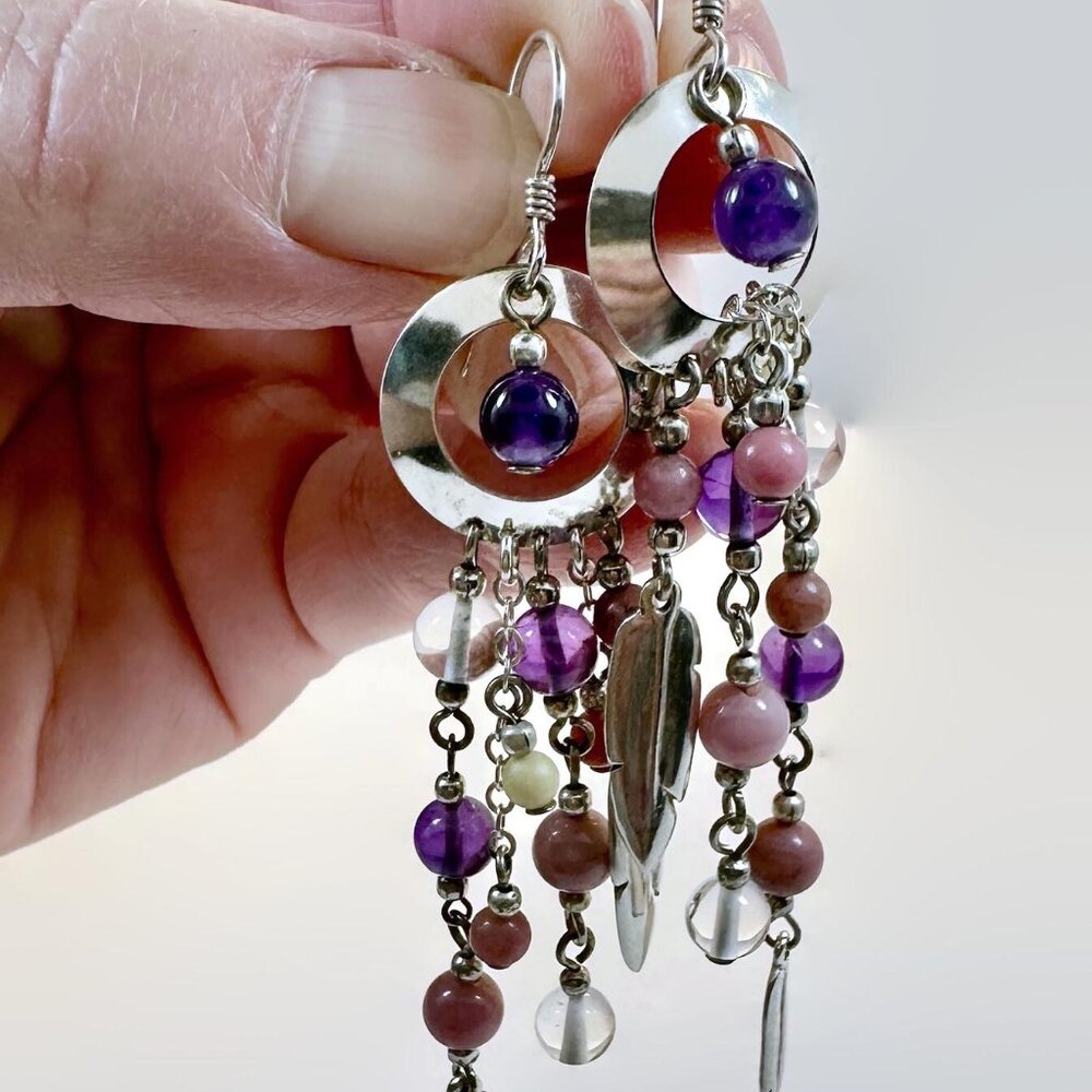 Vintage Native American Earrings: Sterling Silver Feathers Amethyst Dangles